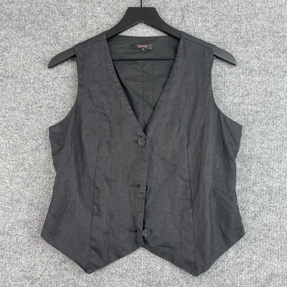 Quince Linen Vest Womens S Black Sleeveless 3-Button Travel Old Money Light